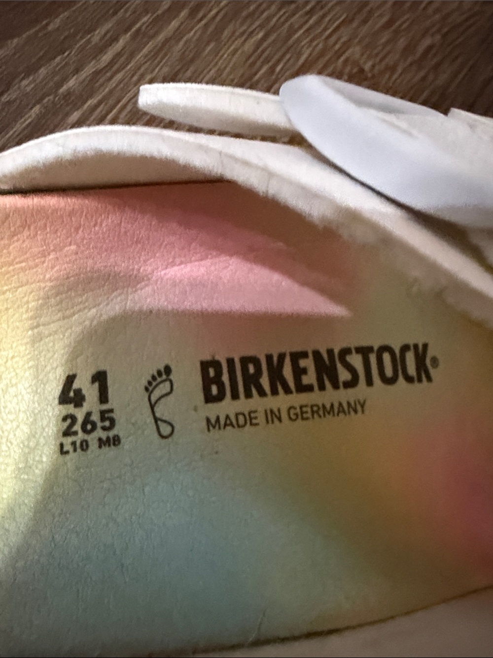 Birkenstock White Double-Strap Womens Sandals with Rainbow Footbed - Picture 2 of 5